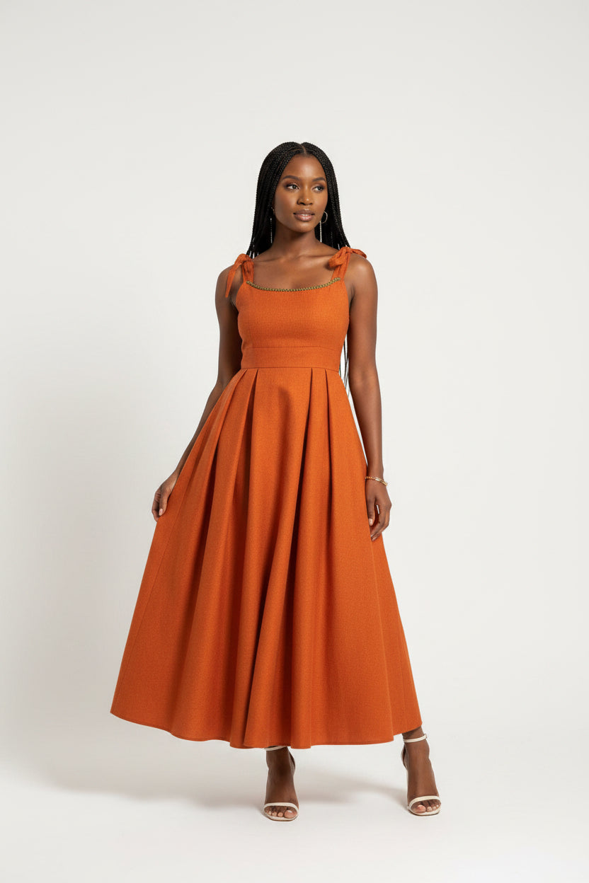 Burnt Orange Tie-Strap Pleated Maxi Dress – Formal Evening Wear