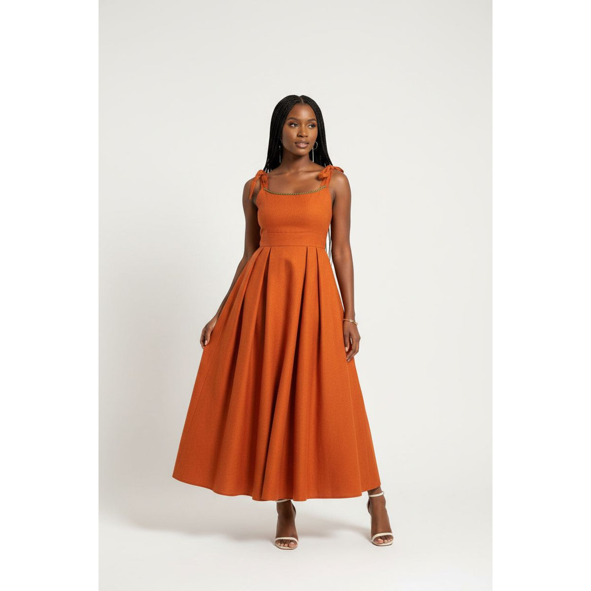 Burnt Orange Tie-Strap Pleated Traditional Maxi Dress – Formal Evening Wear
