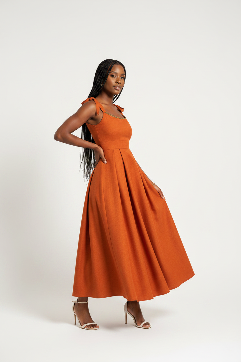 Burnt Orange Tie-Strap Pleated Maxi Dress – Formal Evening Wear