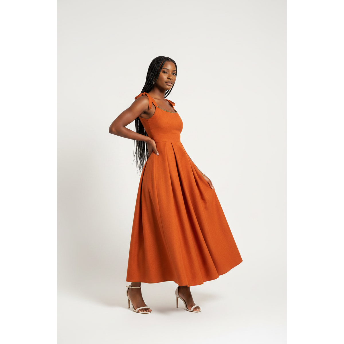Burnt Orange Tie-Strap Pleated Traditional Maxi Dress – Formal Evening Wear