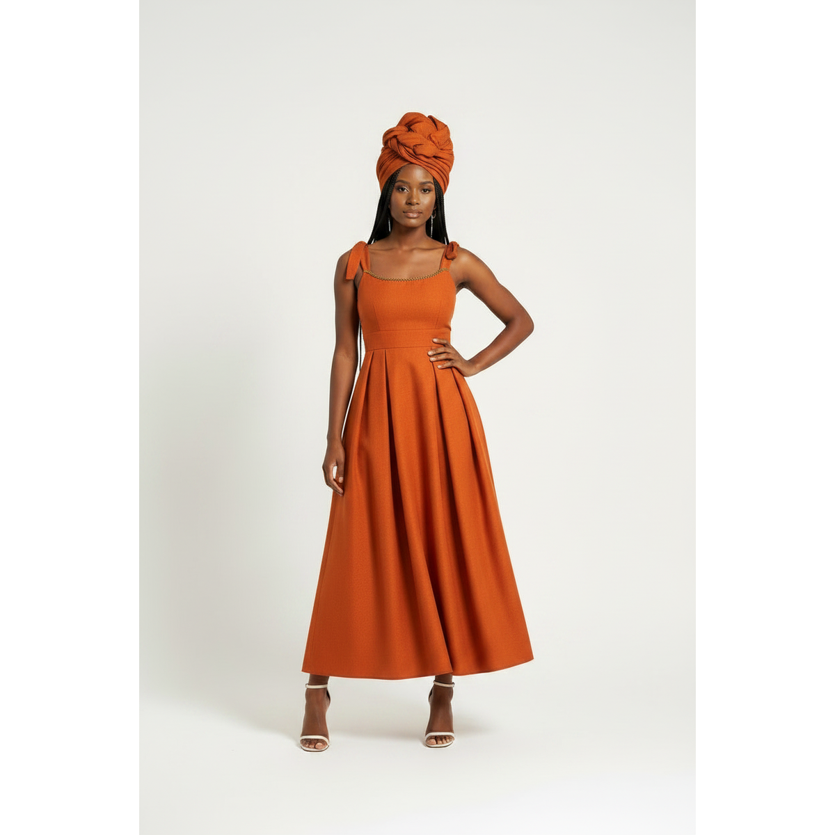 Burnt Orange Tie-Strap Pleated Traditional Maxi Dress – Formal Evening Wear