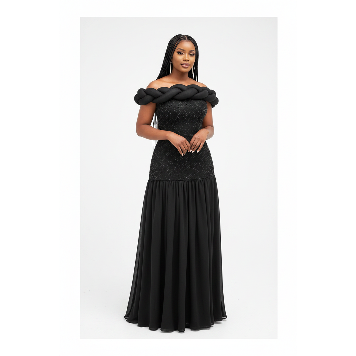 Off-Shoulder Corset Maxi Dress – Sleeveless Evening Gown