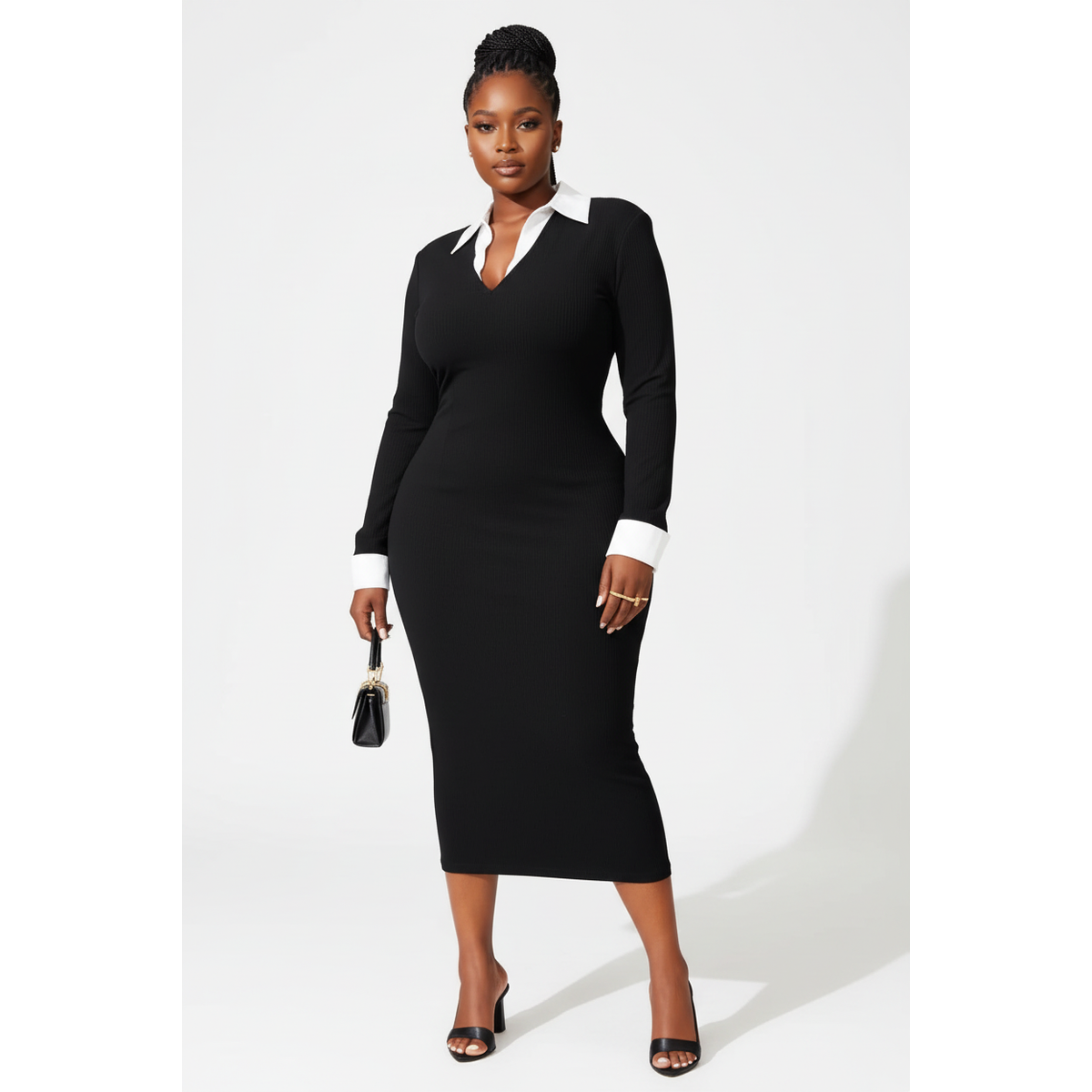 Women's Ribbed Knit Bodycon Midi Dress | Long Sleeve Contrast Collar