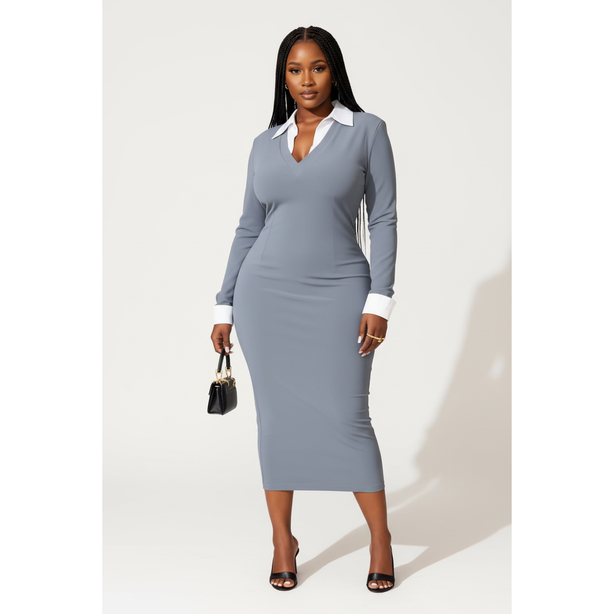 Women's Ribbed Knit Bodycon Midi Dress | Long Sleeve Contrast Collar
