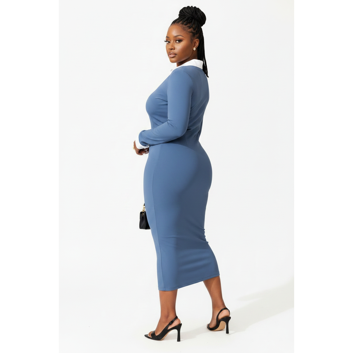 Women's Ribbed Knit Bodycon Midi Dress | Long Sleeve Contrast Collar