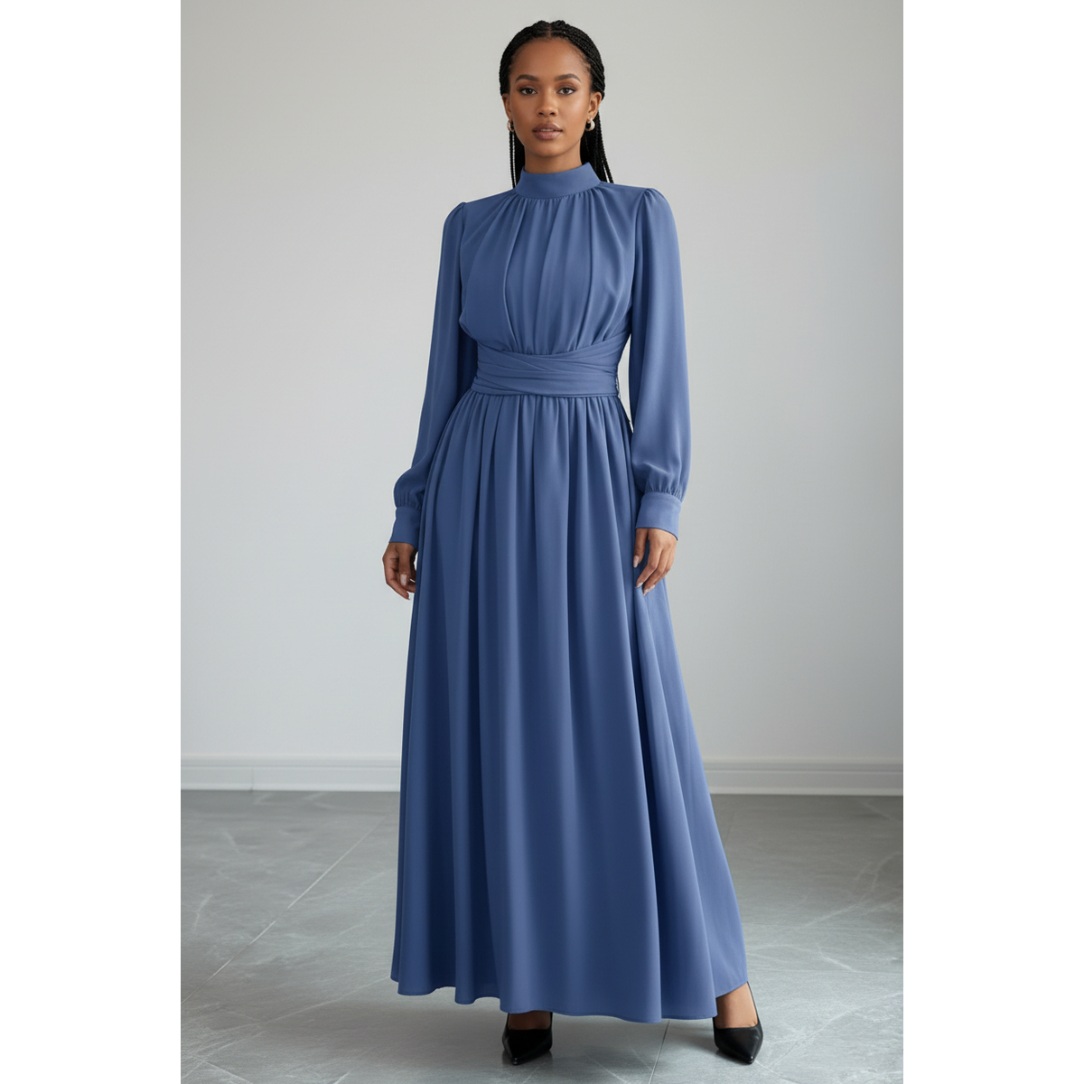 Mock Neck Ruffle Sleeve Maxi Dress – Modest Elegant Style
