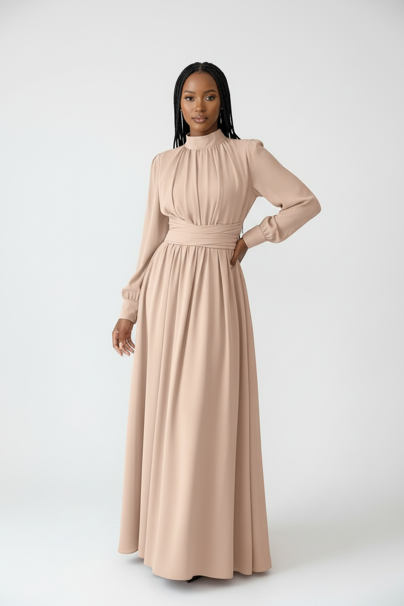 Mock Neck Ruffle Sleeve Maxi Dress – Modest Elegant Style