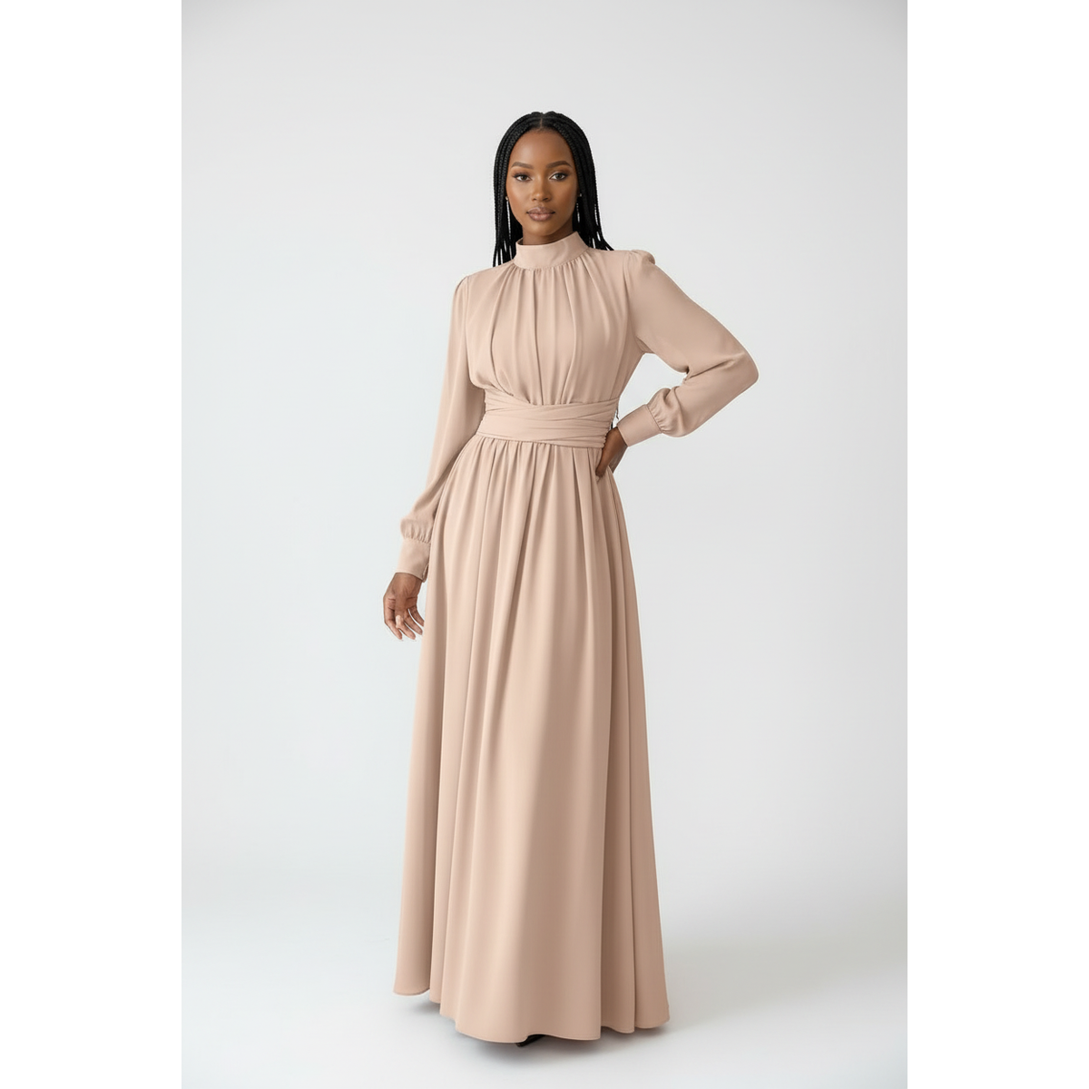 Mock-Neck Ruffle-Sleeve Maxi Dress