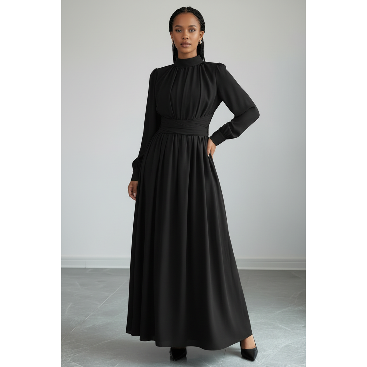 Mock Neck Ruffle Sleeve Maxi Dress – Modest Elegant Style