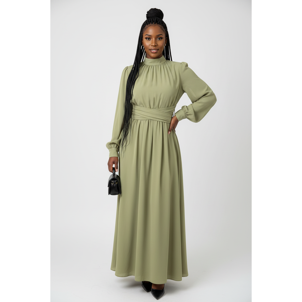 Mock Neck Ruffle Sleeve Maxi Dress – Modest Elegant Style