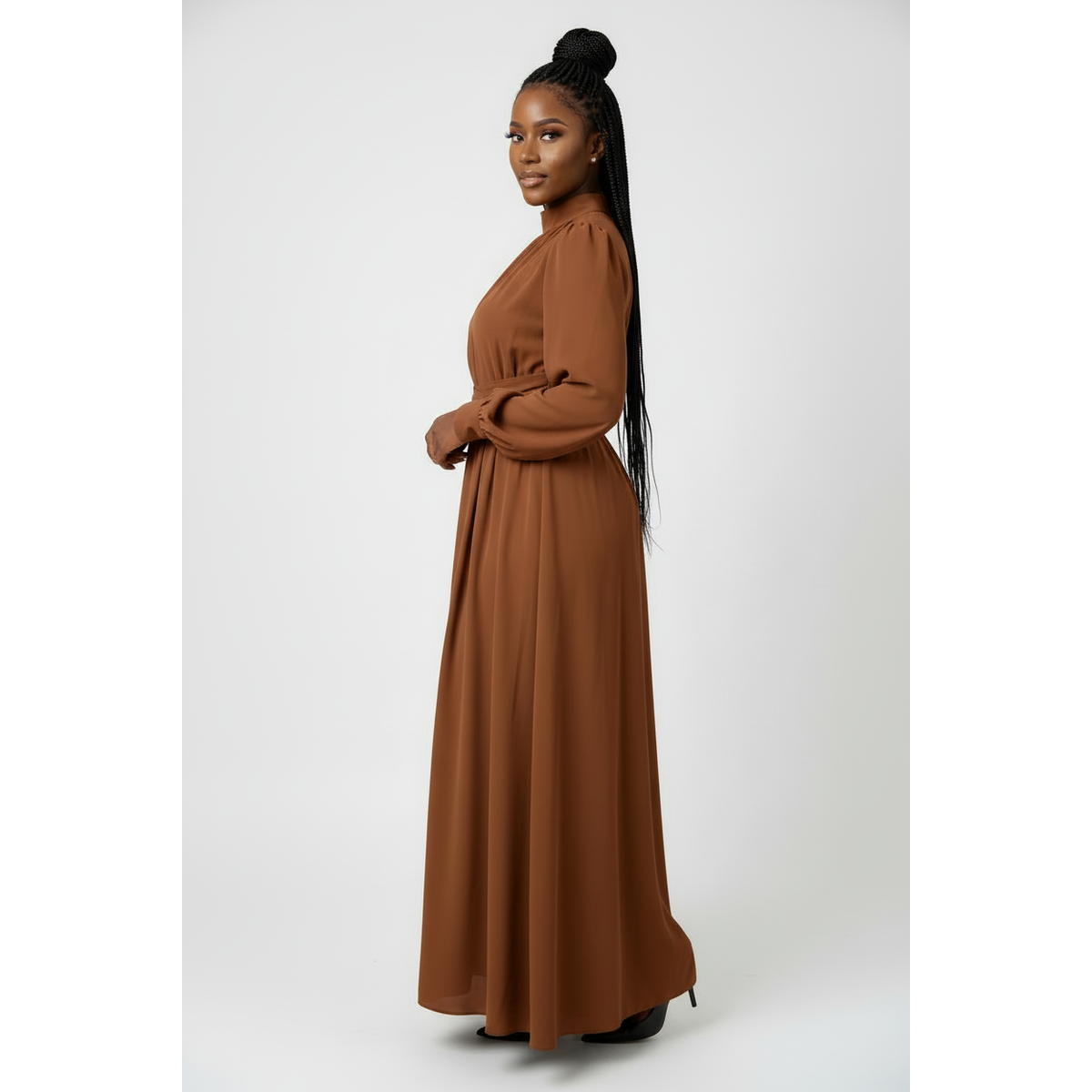 Mock Neck Ruffle Sleeve Maxi Dress – Modest Elegant Style