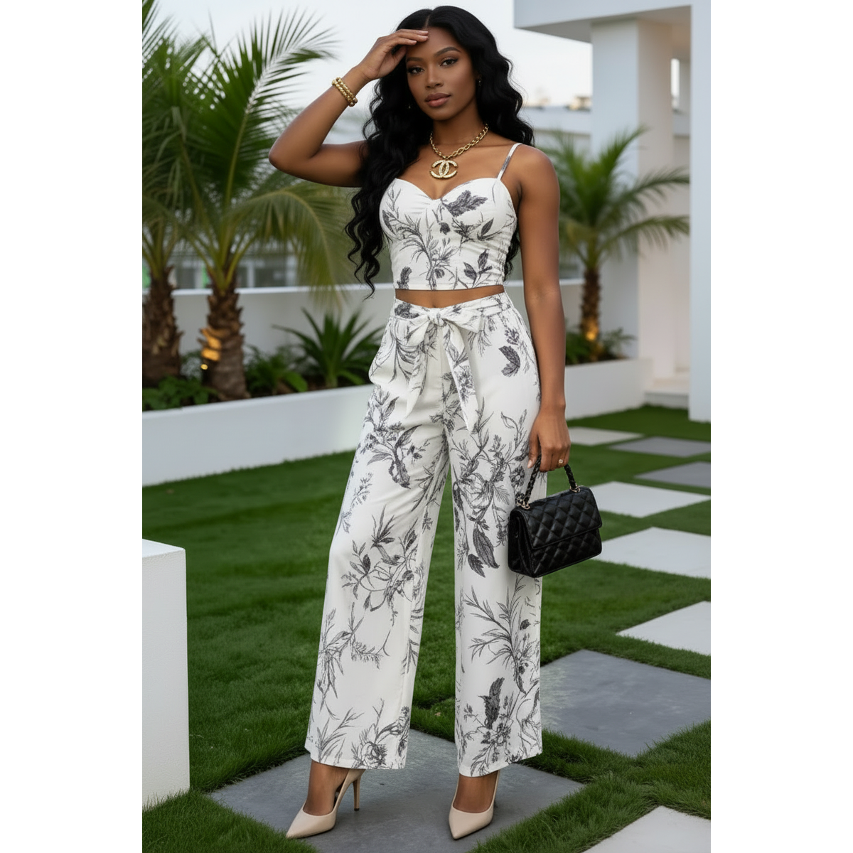 Corset Crop Top & High-Waisted Pants Set – Two-Piece Co-ord