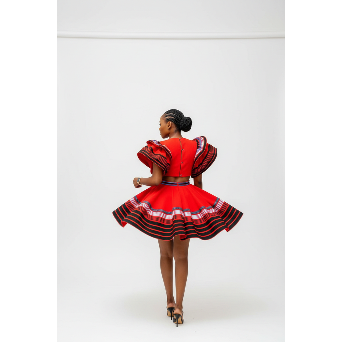 Xhosa Traditional Flare Sleeve Mini Dress | Heritage Pleated Style