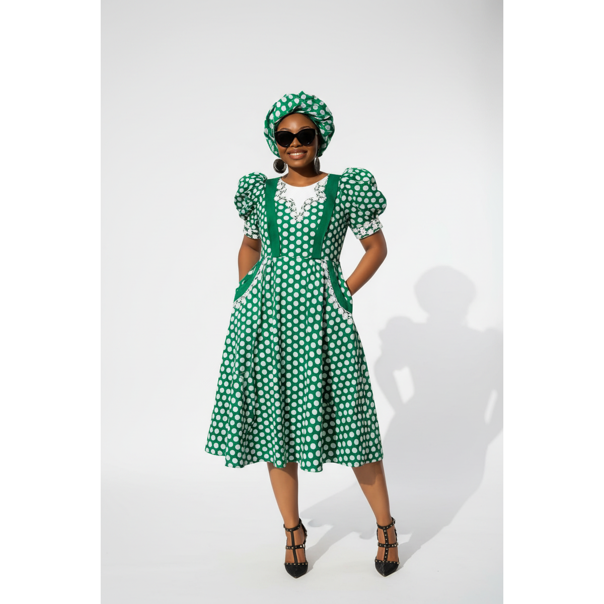 Shweshwe Polka-Dot Midi Puffy Sleeve South African Dress