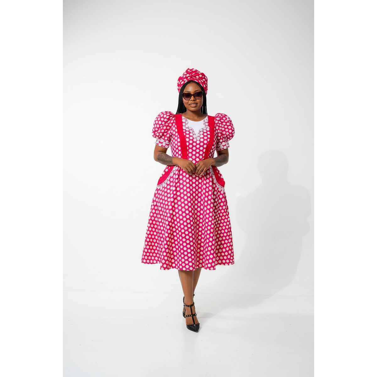 Shweshwe Polka-Dot Midi Puffy Sleeve South African Dress
