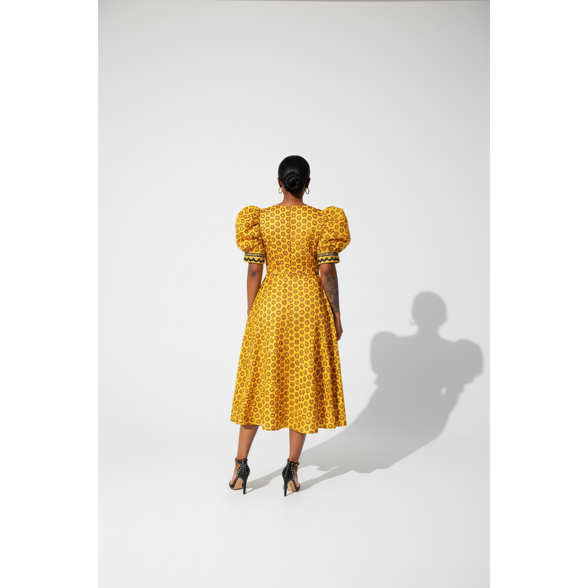 Shweshwe Polka-Dot Midi Puffy Sleeve South African Dress