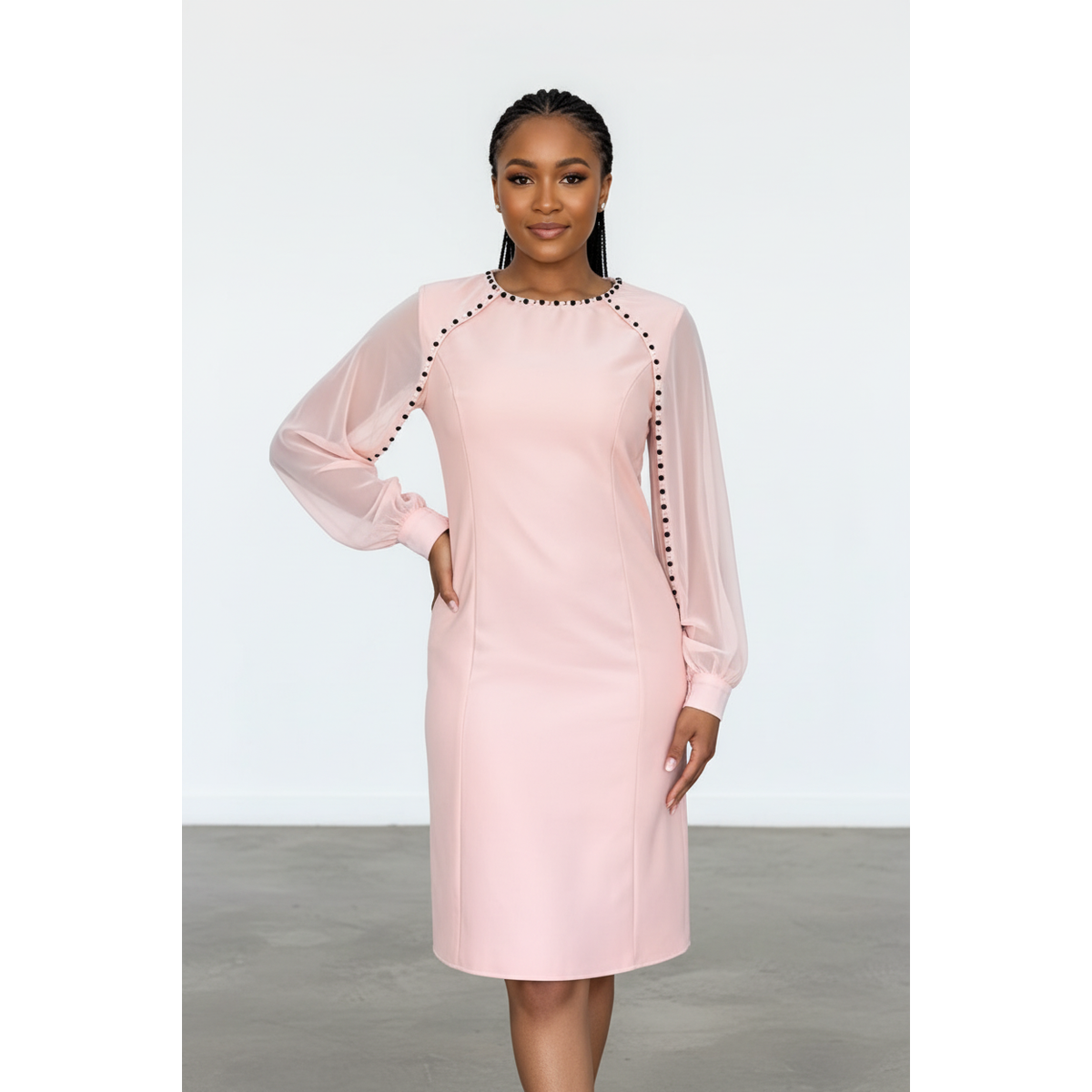 Round Neck Mesh Contrast Midi Dress | Black & Pink