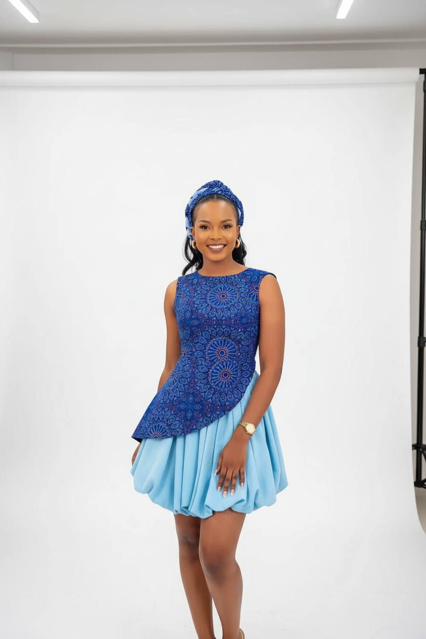 A woman modeling a sleeveless dress with a blue patterned bodice and a light blue flared skirt, paired with a matching blue headwrap, standing against a white studio backdrop.