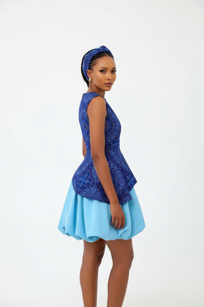 Asymmetrical Bubble Skirt Dress | Blue with Matching Headband