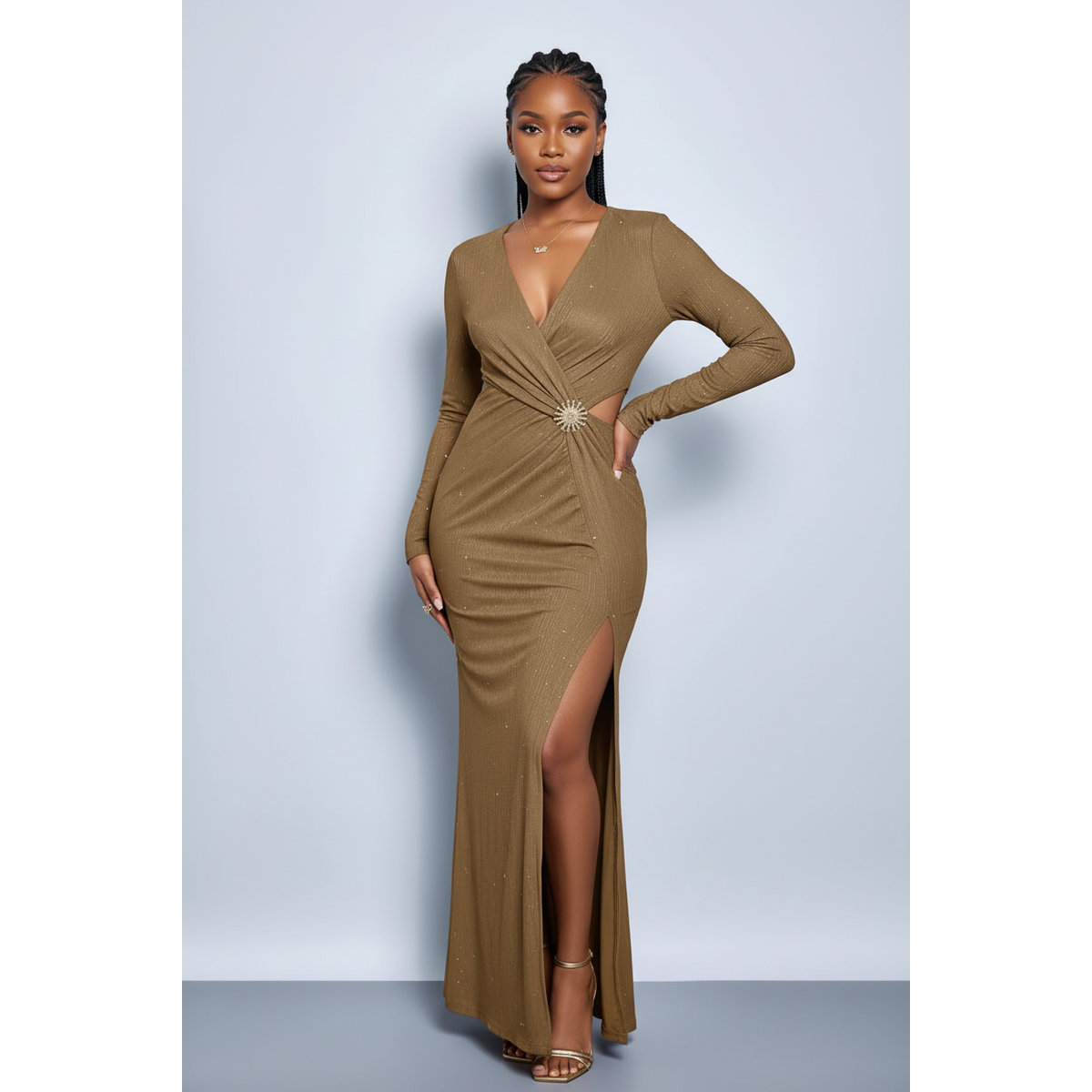 V-Neck A-Line Maxi Dress with Slit – Elegant Evening Style