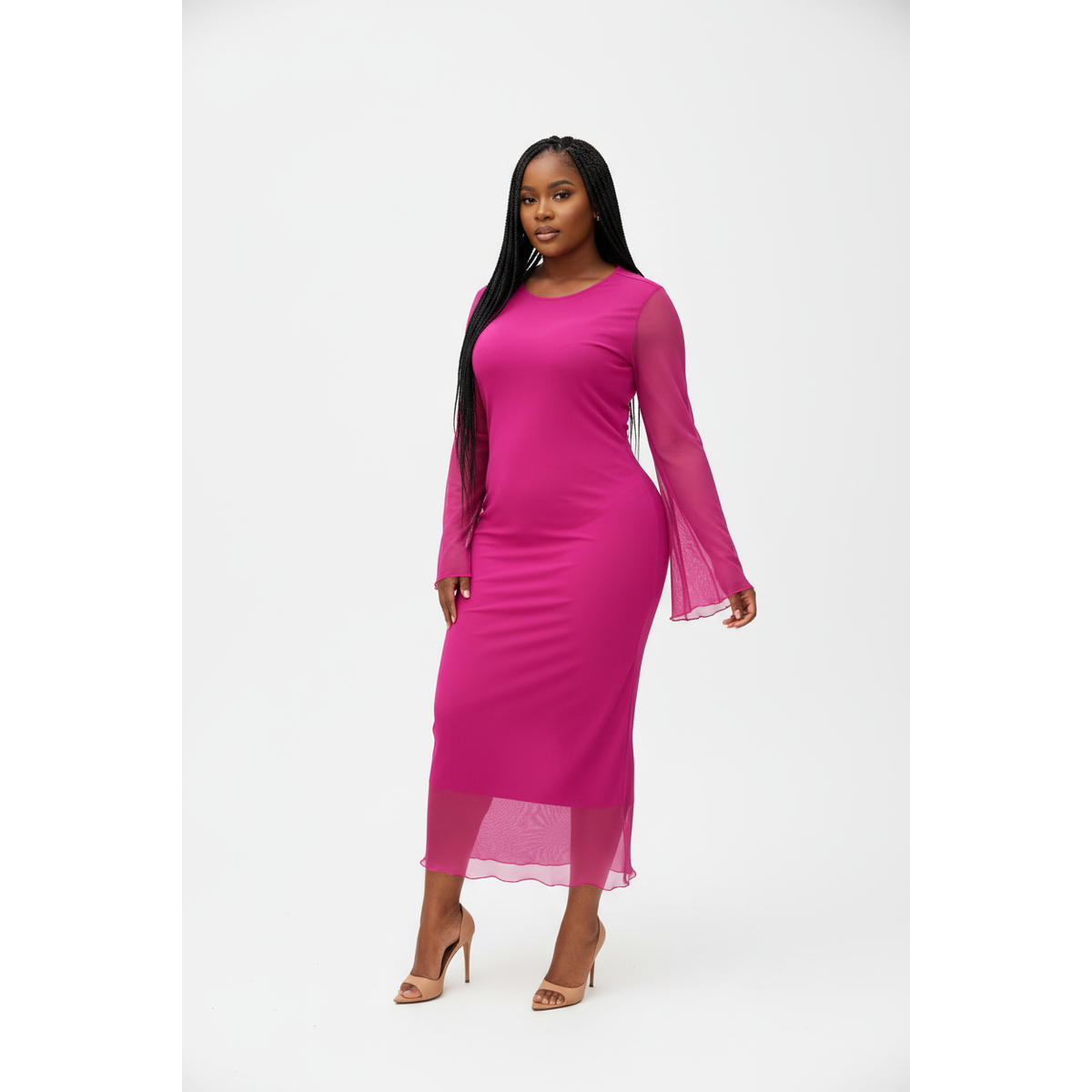 Flared Bell Long-Sleeve Bodycon Mesh Maxi Dress