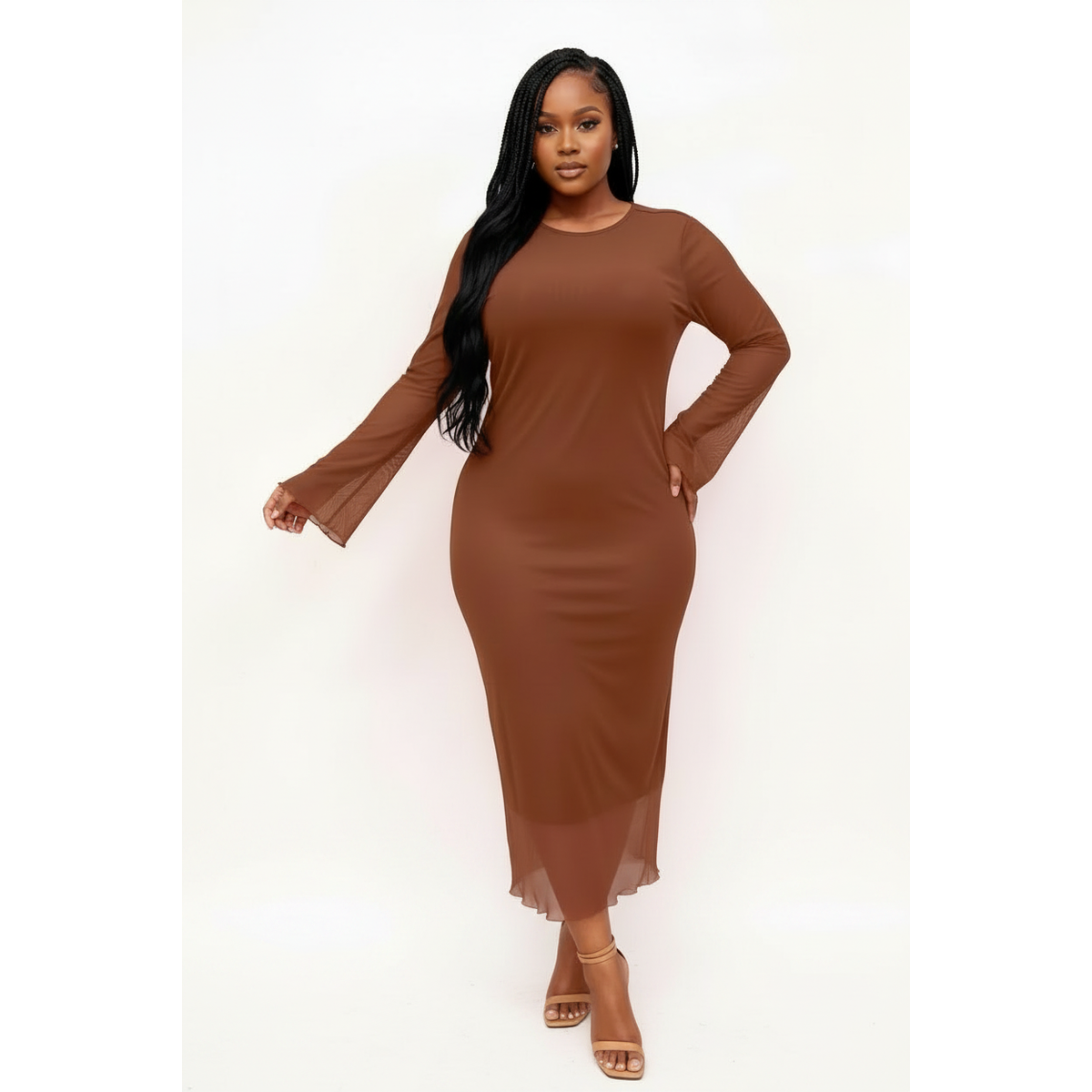 Flared Bell Long-Sleeve Bodycon Mesh Maxi Dress