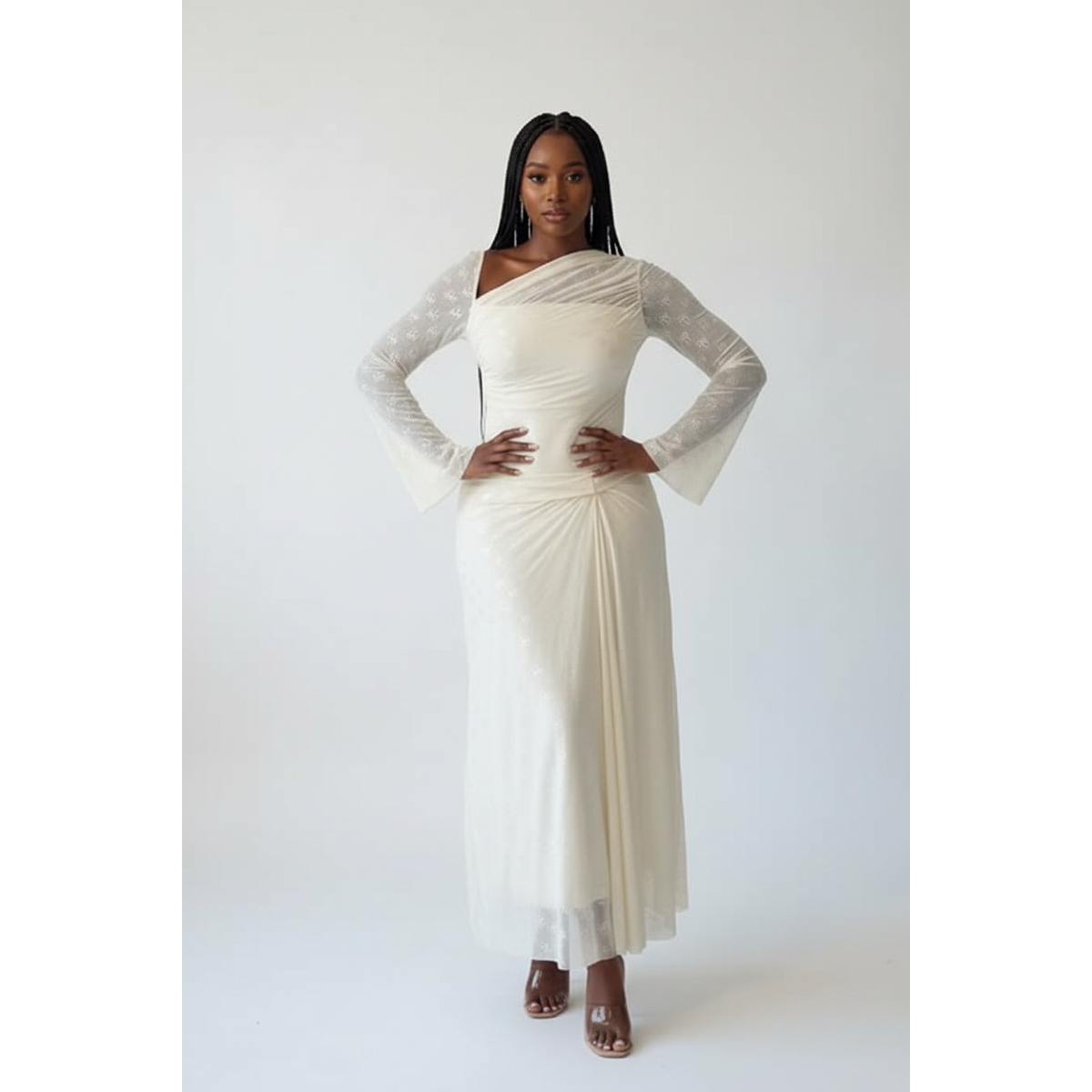 Long-Sleeve Mesh Maxi Dress