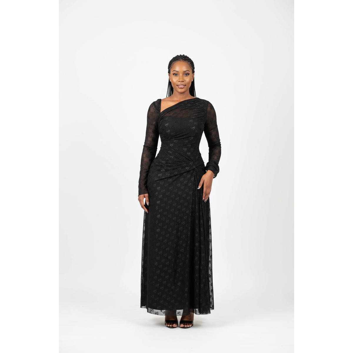 Long-Sleeve Mesh Maxi Dress