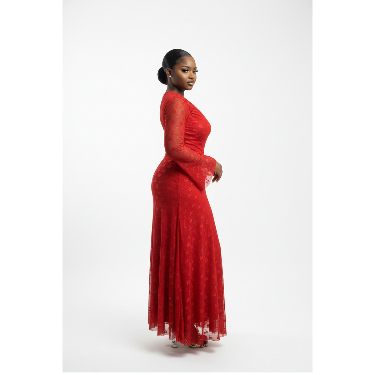 Long-Sleeve Mesh Maxi Dress