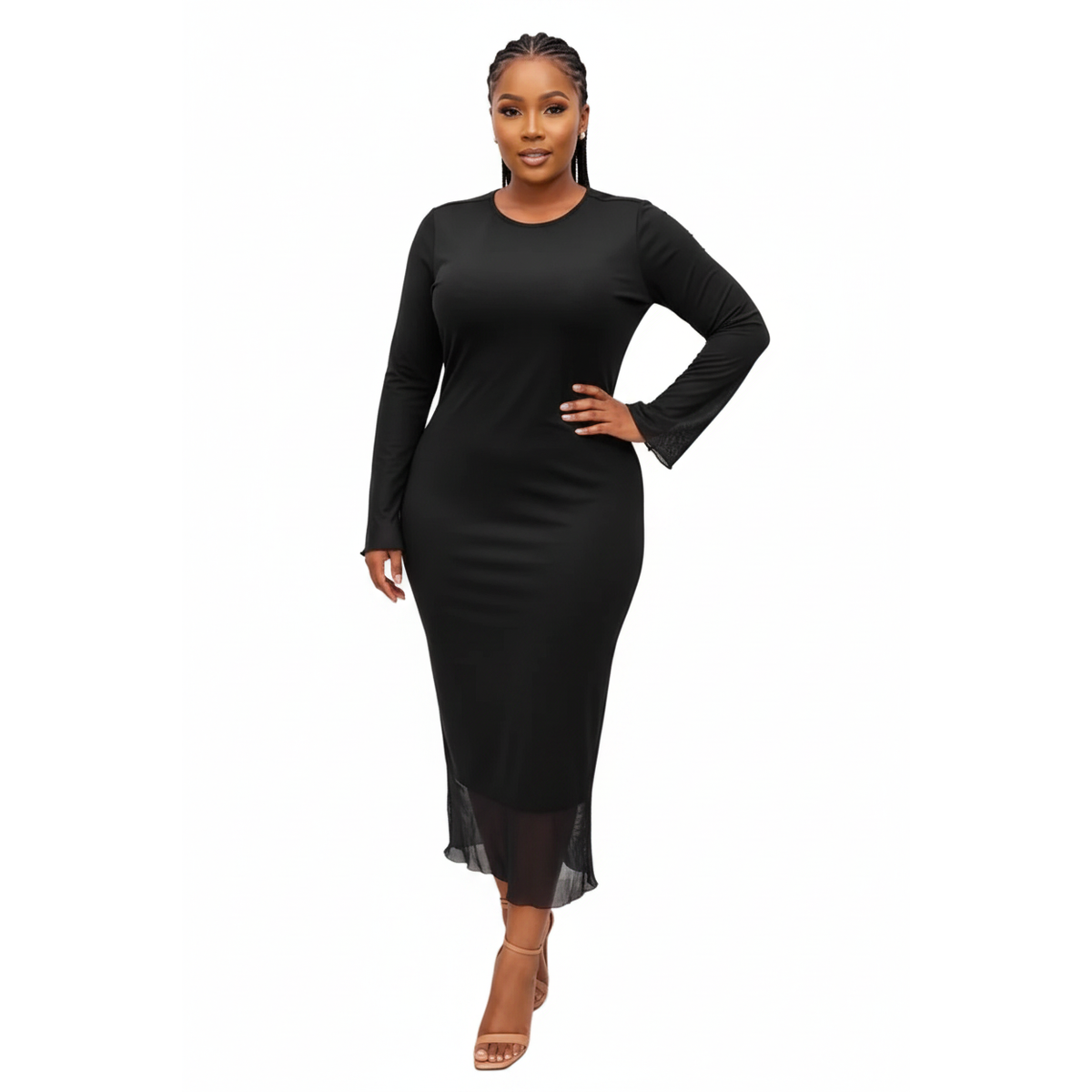 Flared Bell Long-Sleeve Bodycon Mesh Maxi Dress