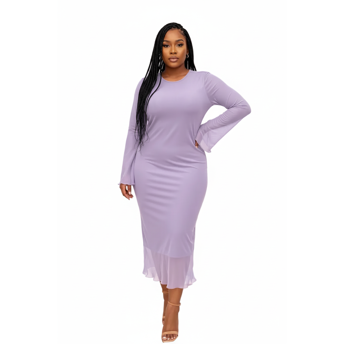 Flared Bell Long-Sleeve Bodycon Mesh Maxi Dress
