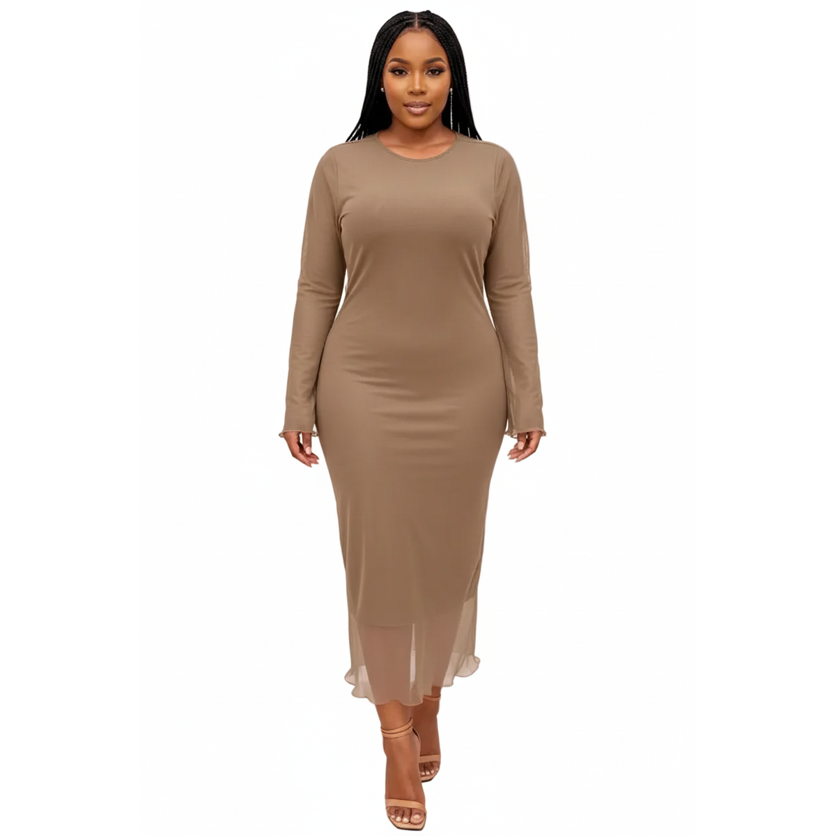 Flared Bell Long-Sleeve Bodycon Mesh Maxi Dress