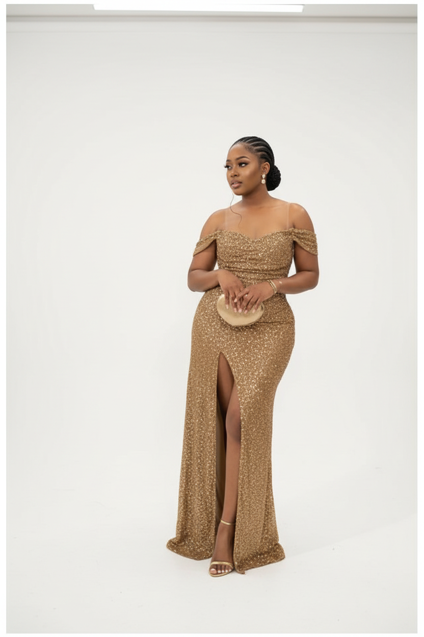 Off-Shoulder Sequin Evening High Slit Formal Gown Dress