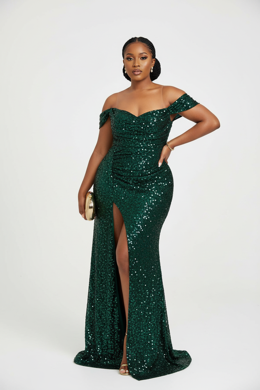 Off-Shoulder Sequin Evening High Slit Formal Gown Dress