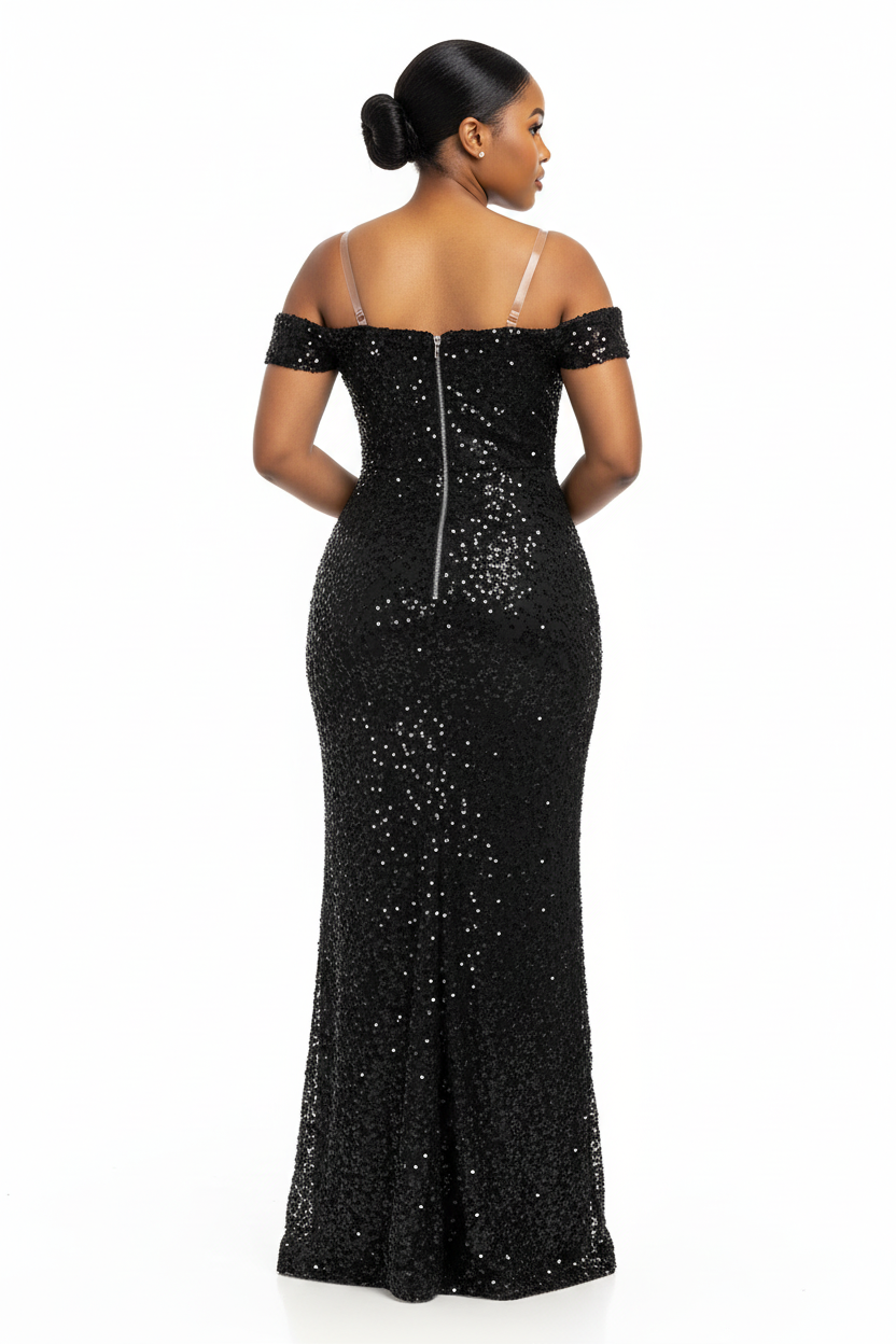 Off-Shoulder Sequin Evening High Slit Formal Gown Dress