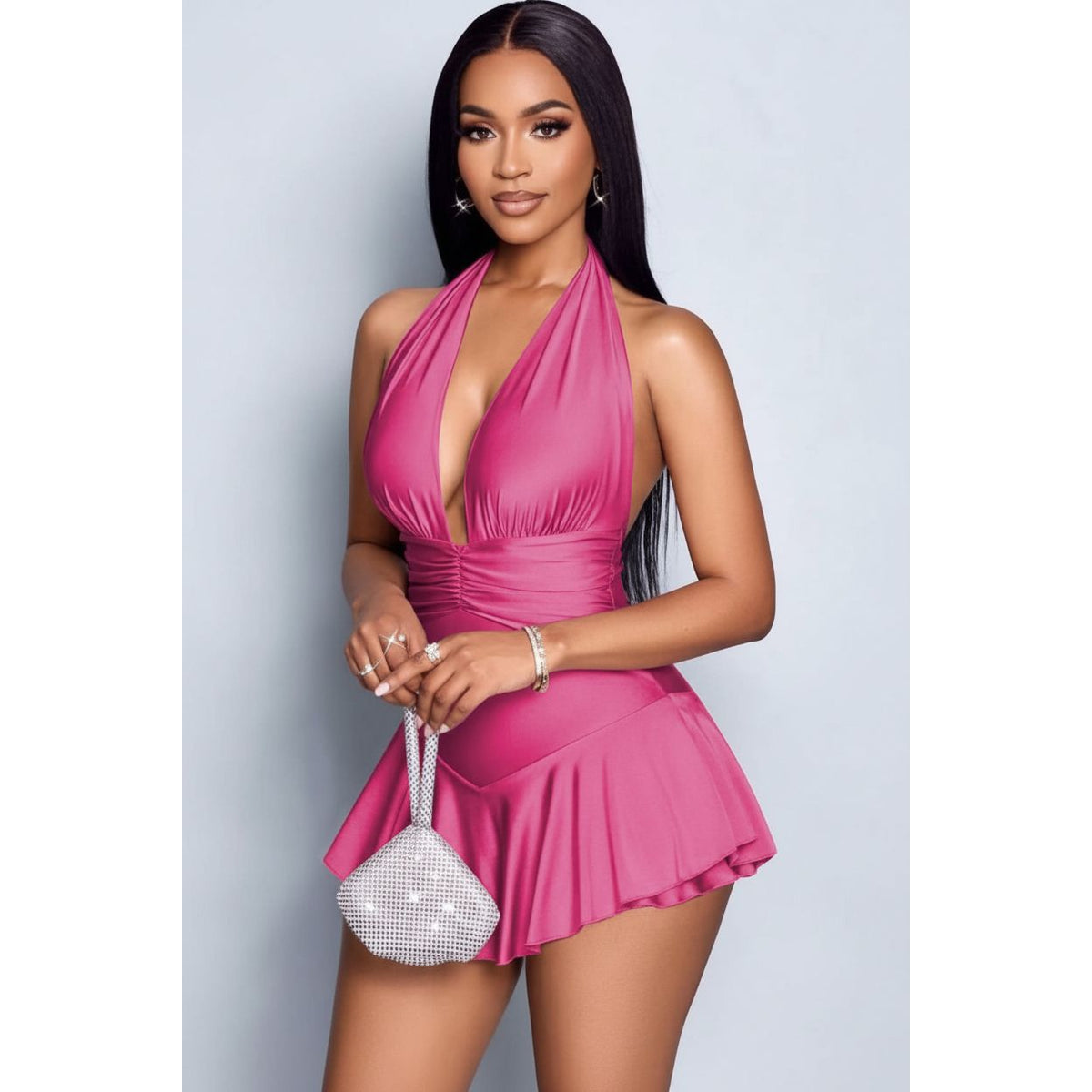 Deep V-Neck Halter Mini Dress