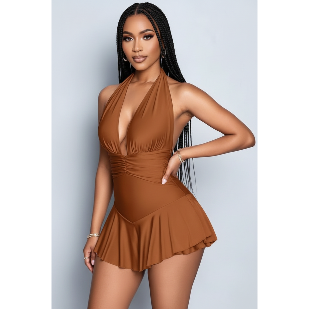 Deep V-Neck Halter Mini Dress