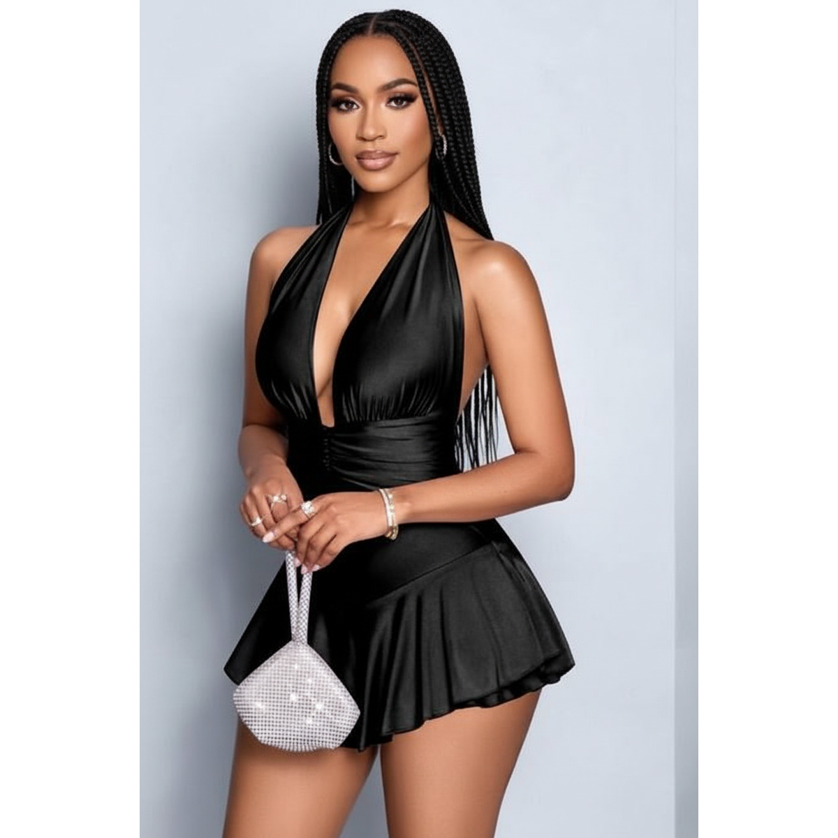 Deep V-Neck Halter Mini Dress