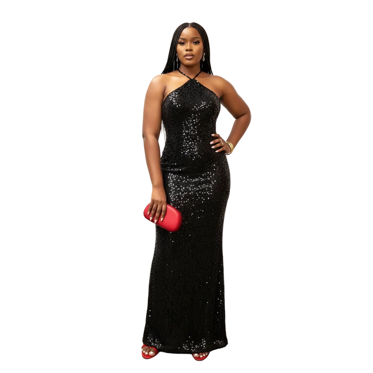 Sequin Halter-Neck Maxi Evening Gown