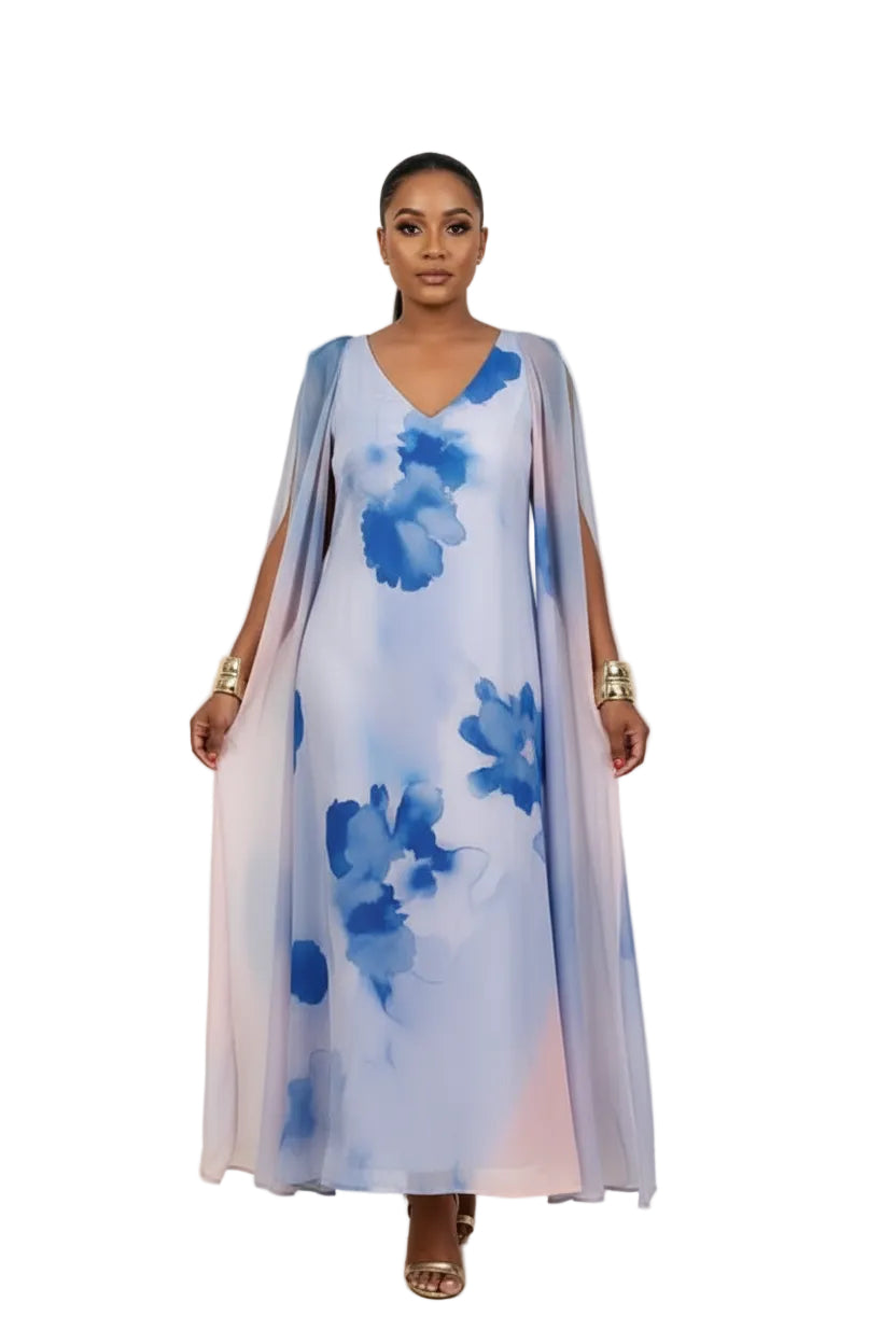 Floral Print V-Neck Maxi Sheer Cape Sleeves Elegant Evening Dress