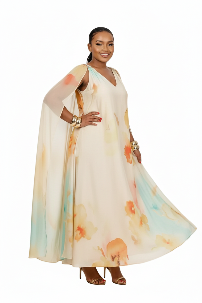 Floral Print V-Neck Maxi Sheer Cape Sleeves Elegant Evening Dress