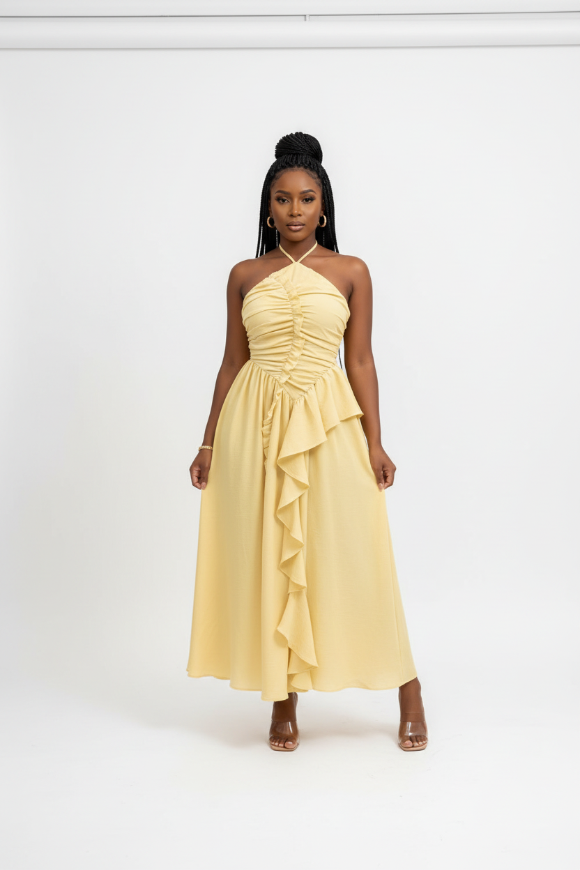 Halter Neck Cascading Ruffle  Elegant Evening Gown Maxi Dress