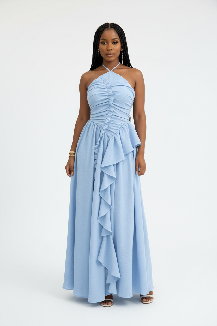 Halter Neck Cascading Ruffle  Elegant Evening Gown Maxi Dress