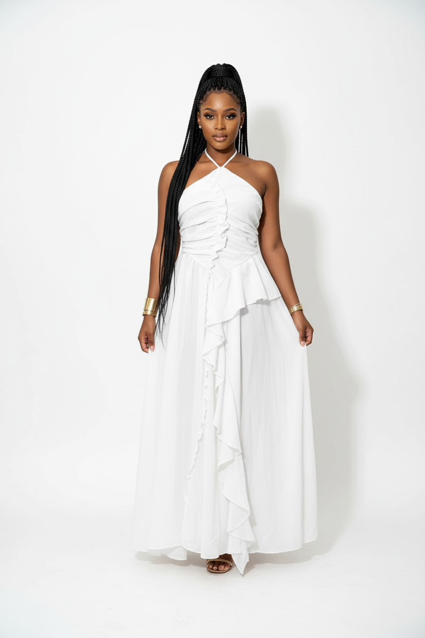 Halter Neck Cascading Ruffle  Elegant Evening Gown Maxi Dress