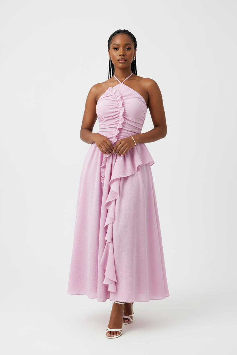 Halter Neck Cascading Ruffle  Elegant Evening Gown Maxi Dress