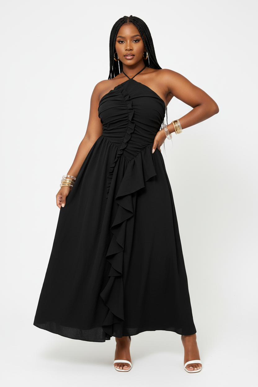 Halter Neck Cascading Ruffle  Elegant Evening Gown Maxi Dress