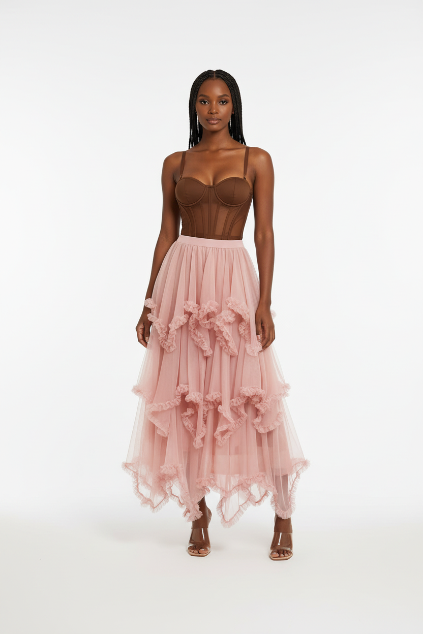 Layered Ruffle Tulle Maxi Flowy Feminine Evening Skirt