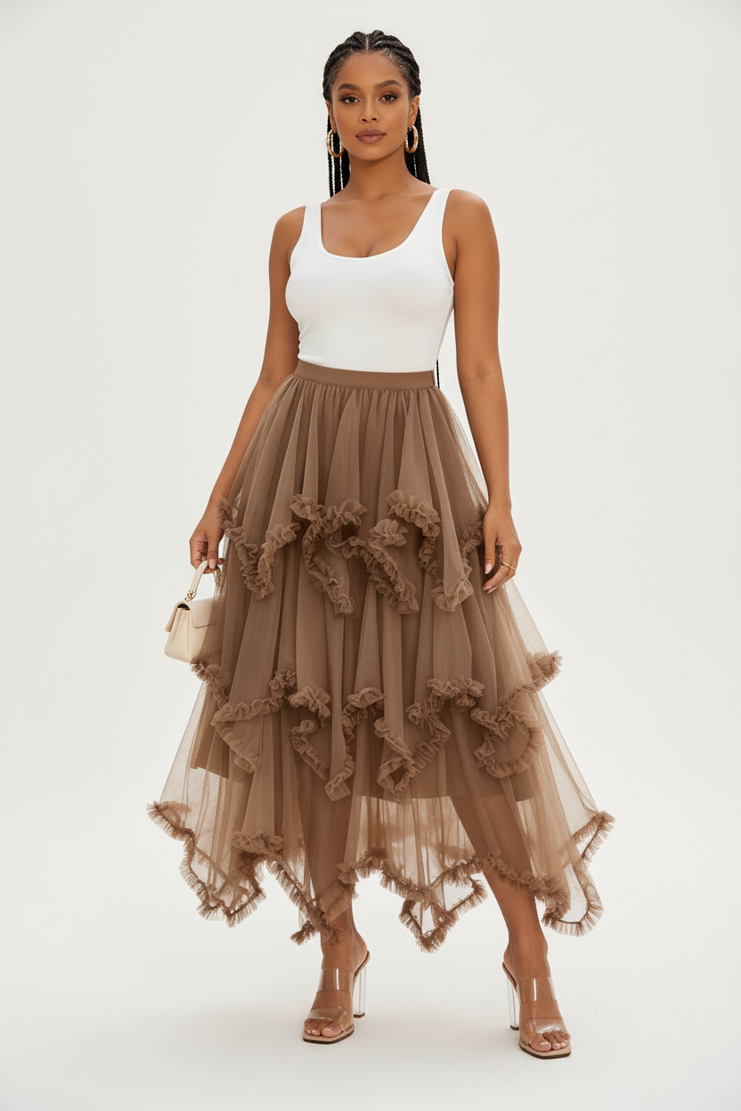 Layered Ruffle Tulle Maxi Flowy Feminine Evening Skirt