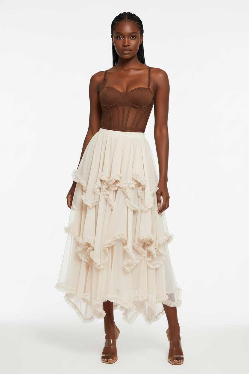 Layered Ruffle Tulle Maxi Flowy Feminine Evening Skirt