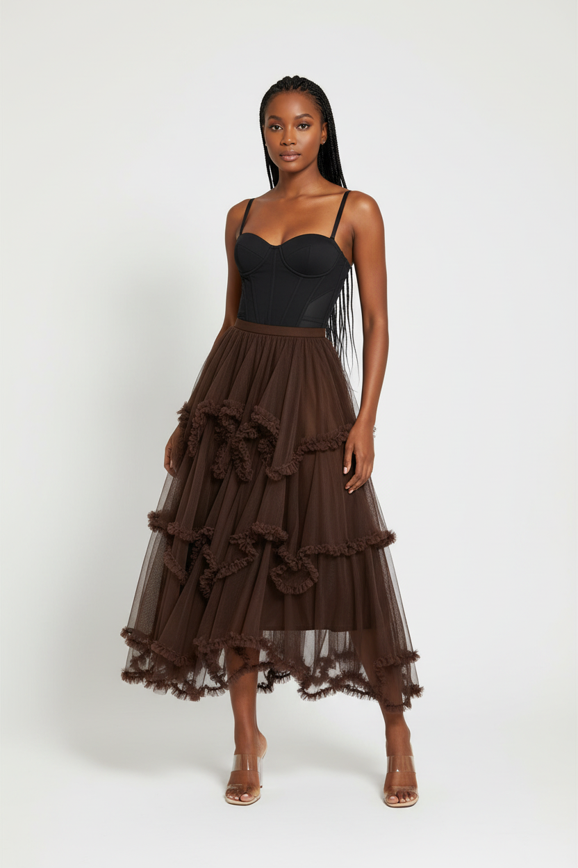 Layered Ruffle Tulle Maxi Flowy Feminine Evening Skirt